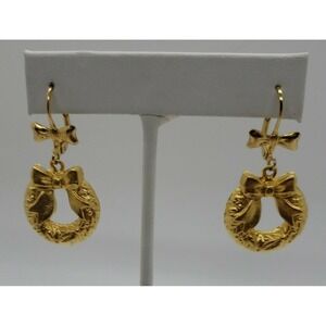 Vintage Maeve Carr New York gold tone Christmas Holiday Wreath w/ bow earrings